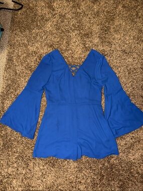 Royal Blue V-Neck Romper with Bell Sleeves
